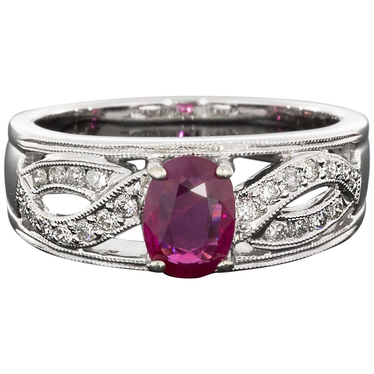 Oval Ruby Diamond White Gold Wide Twist Engagement Ring