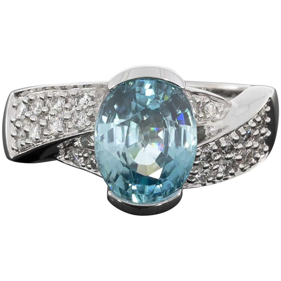4 Carat Oval Blue Zircon Diamond Pave White Gold Twist Ring