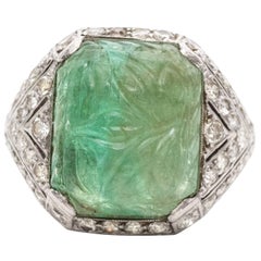 Antique 1920s Art Deco Carved Emerald Cabochon Diamond Platinum Ring