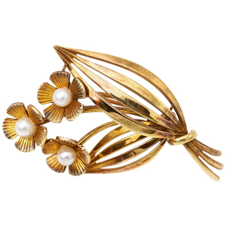 Tiffany and Co. Gold Pearl Flower Pin Brooch at 1stDibs gold flower