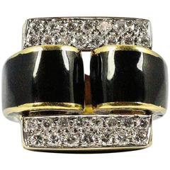 Modernist Black Enamel Diamonds White and Yellow Gold Ring   