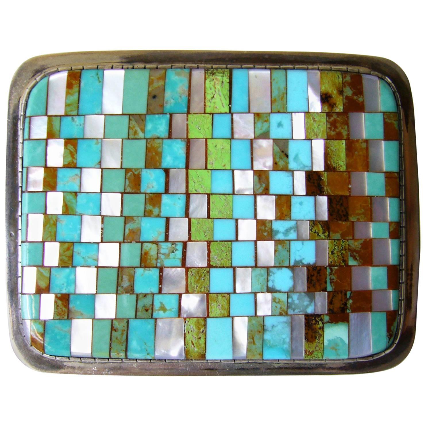 Charlie Bird Turquoise Coral Sterling Silver Mosaic Belt Buckle