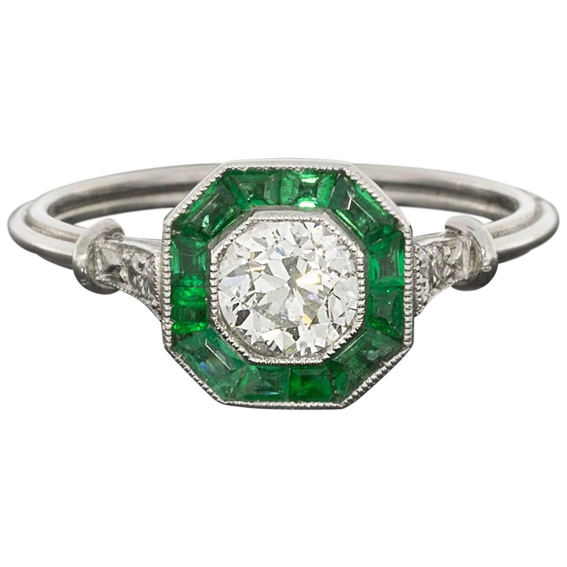 Old European Diamond Calibre Emerald Platinum Halo Engagement Ring