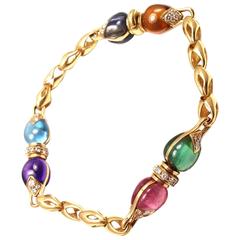 Bulgari Diamond Color Stone Yellow Gold Link Bracelet 11