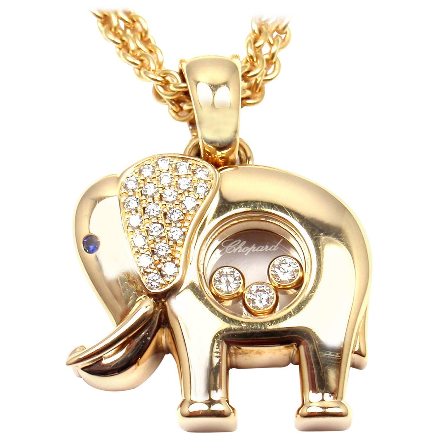 Chopard Diamond Sapphire Happy Elephant Yellow Gold Pendant Necklace