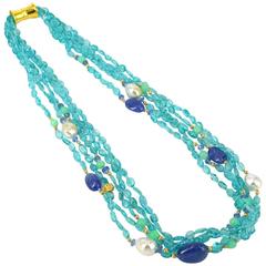 Apatite Tanzanite Chrysoprase South Sea Pearl Torsade Gold Necklace