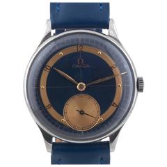 Omega Stainless Steel Blue and Gilt Dial Arab Numbers Manual Wind Wristwatch