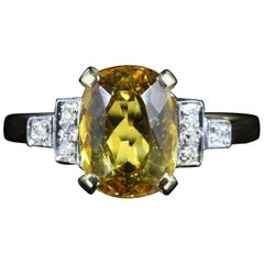 Yellow Beryl and Diamond Trilogy Ring 18 Carat Gold Engagement Ring