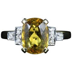 Yellow Beryl and Diamond Trilogy Ring 18 Carat Gold Engagement 11