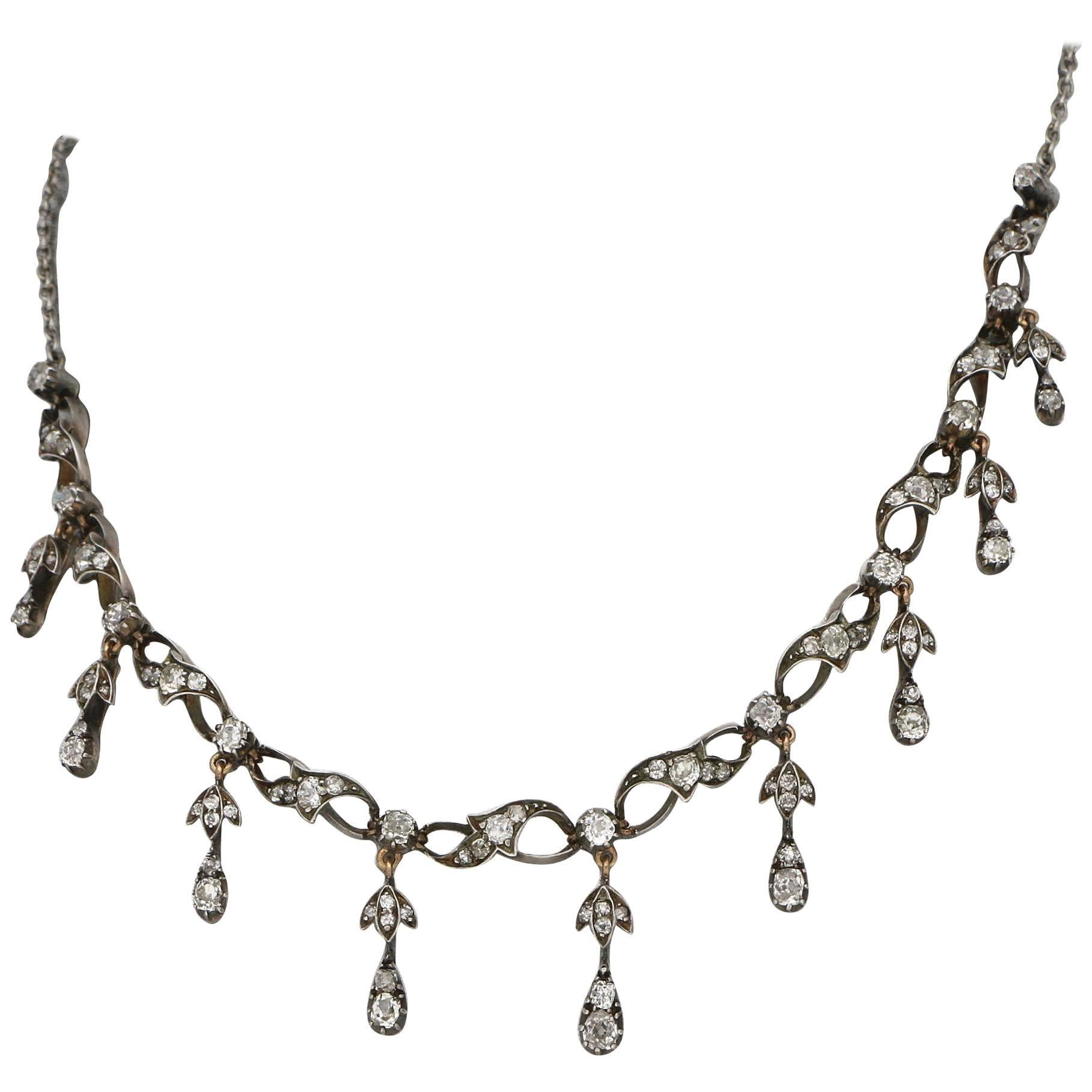 Victorian Diamond Silver Gold Fringe Necklace
