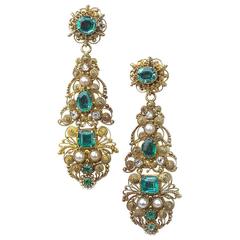 Antique Emerald Pearl Diamond Gold Filigree Earrings