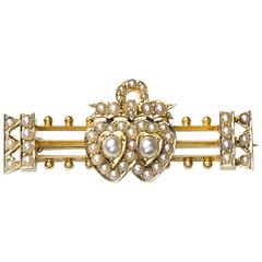 Seed Pearl Gold Double Heart and Bow Brooch 10