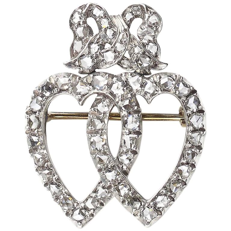 Diamond Double Heart and Bow Brooch For Sale at 1stdibs