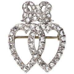 Diamond Double Heart and Bow Brooch
