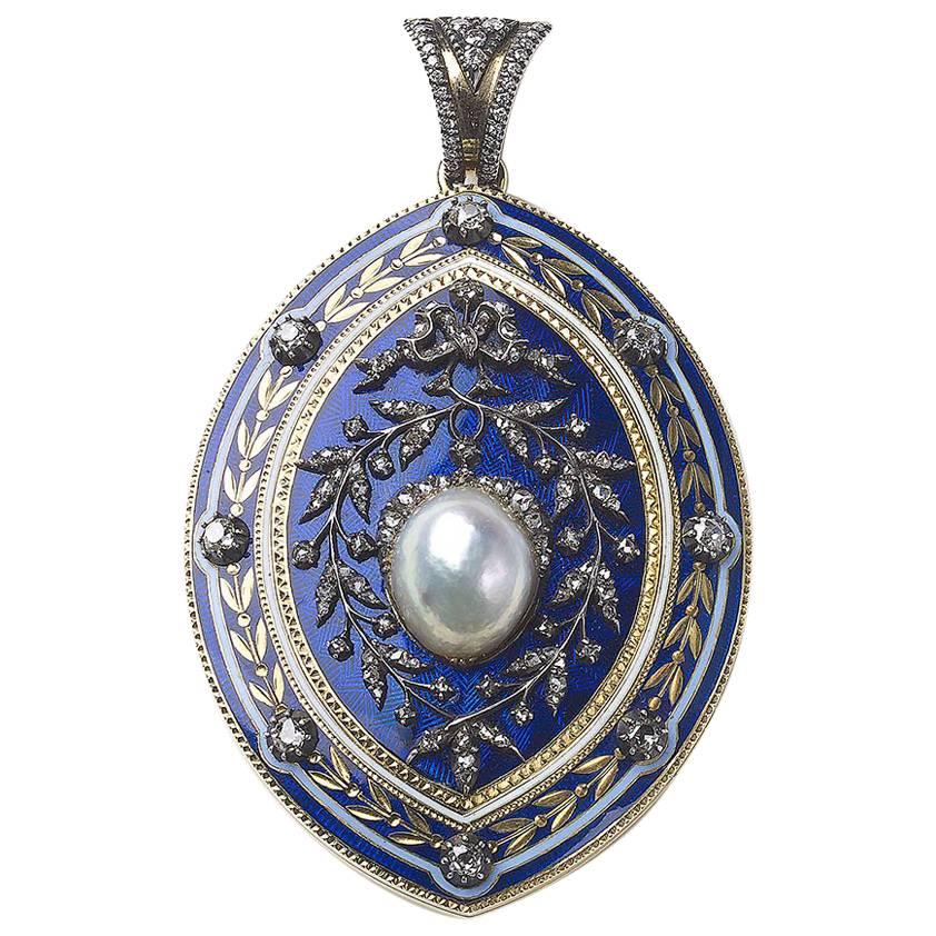 Blue Enamel Pearl Diamond Pendant