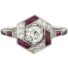 Geometric Old European Diamond Ruby Platinum Hexagon Halo Engagement Ring 8