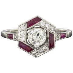 Geometric Old European Diamond Ruby Platinum Hexagon Halo Engagement Ring