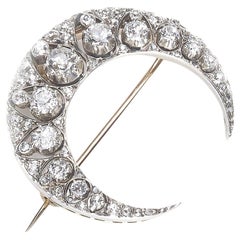 Antique Diamond Silver and Gold Crescent Brooch, Circa 1890