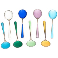 1930s Colorful Enamel and Sterling Silver Scandinavian Teaspoon Set