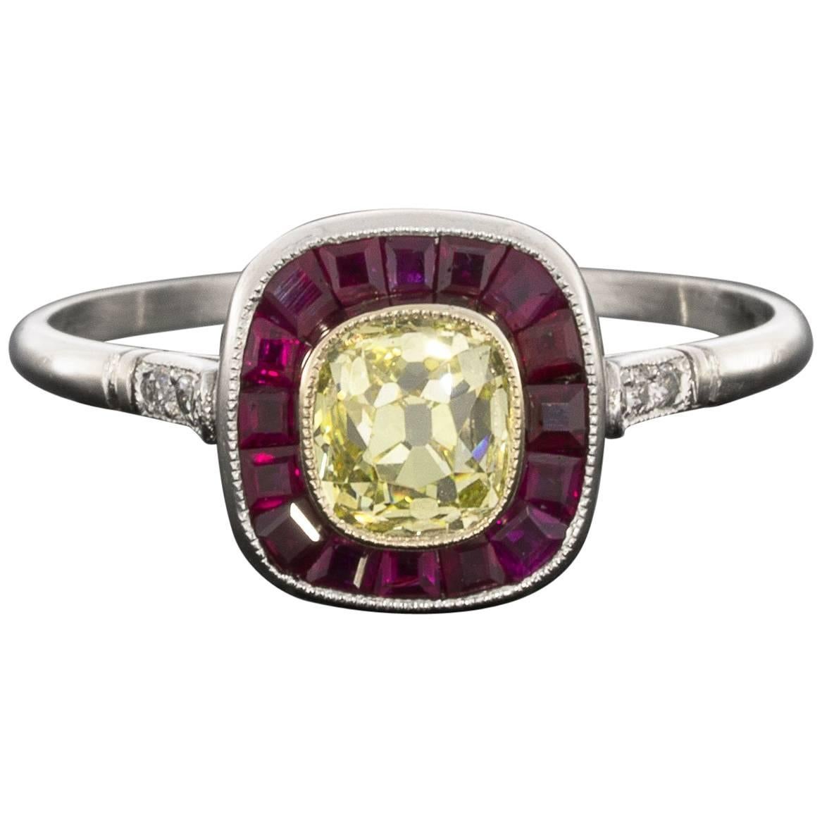 Classic Old Mine Cut Fancy Yellow Diamond Ruby Platinum Halo Engagement Ring For Sale