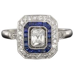 Sapphire Radiant Diamond Platinum Double Halo Engagement Ring at 1stDibs