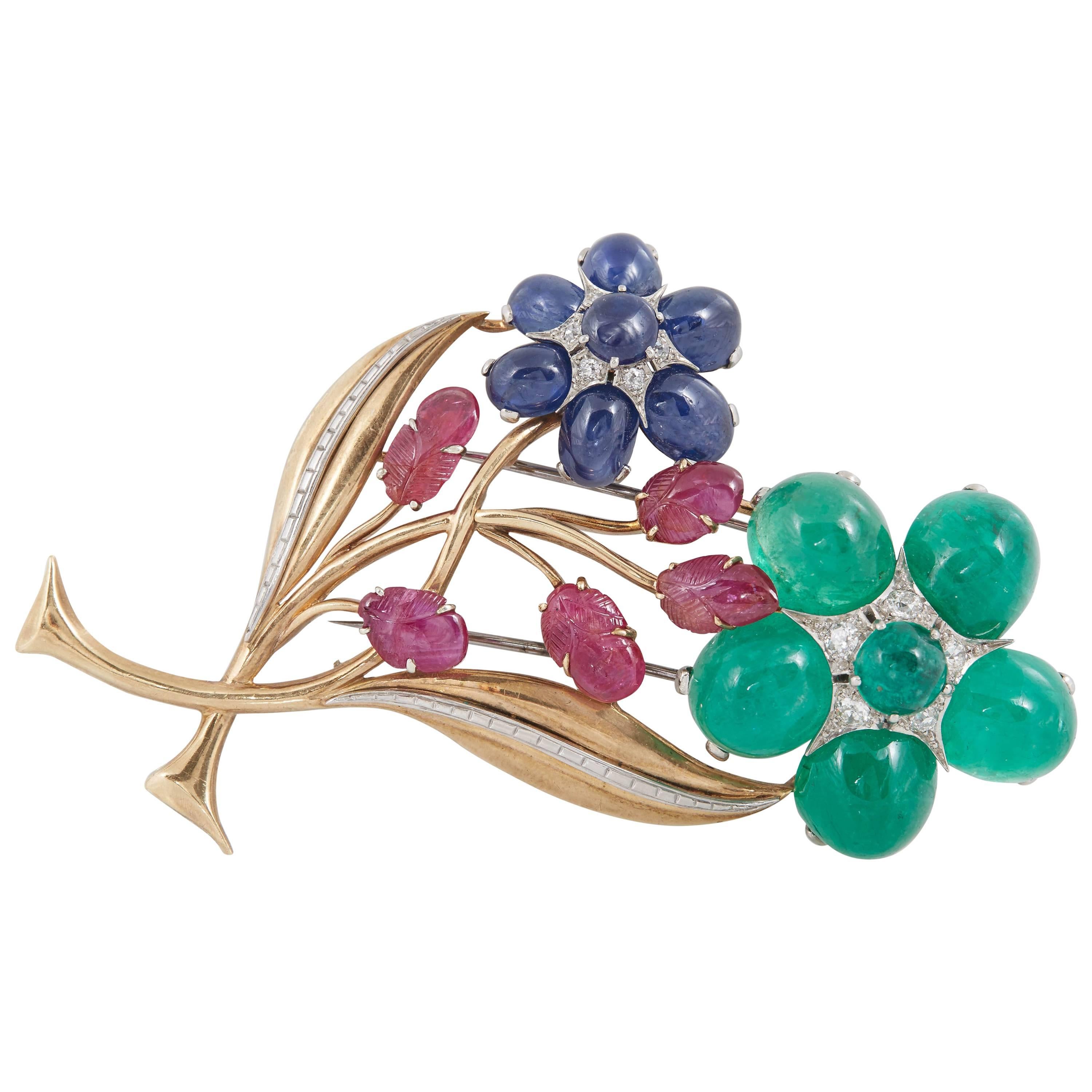 Retro Cabochon Emerald Ruby Sapphire Flower Pin For Sale