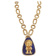 1970 Era Gold Mayan God Lapis Lazuli Gold Chain Necklace 2