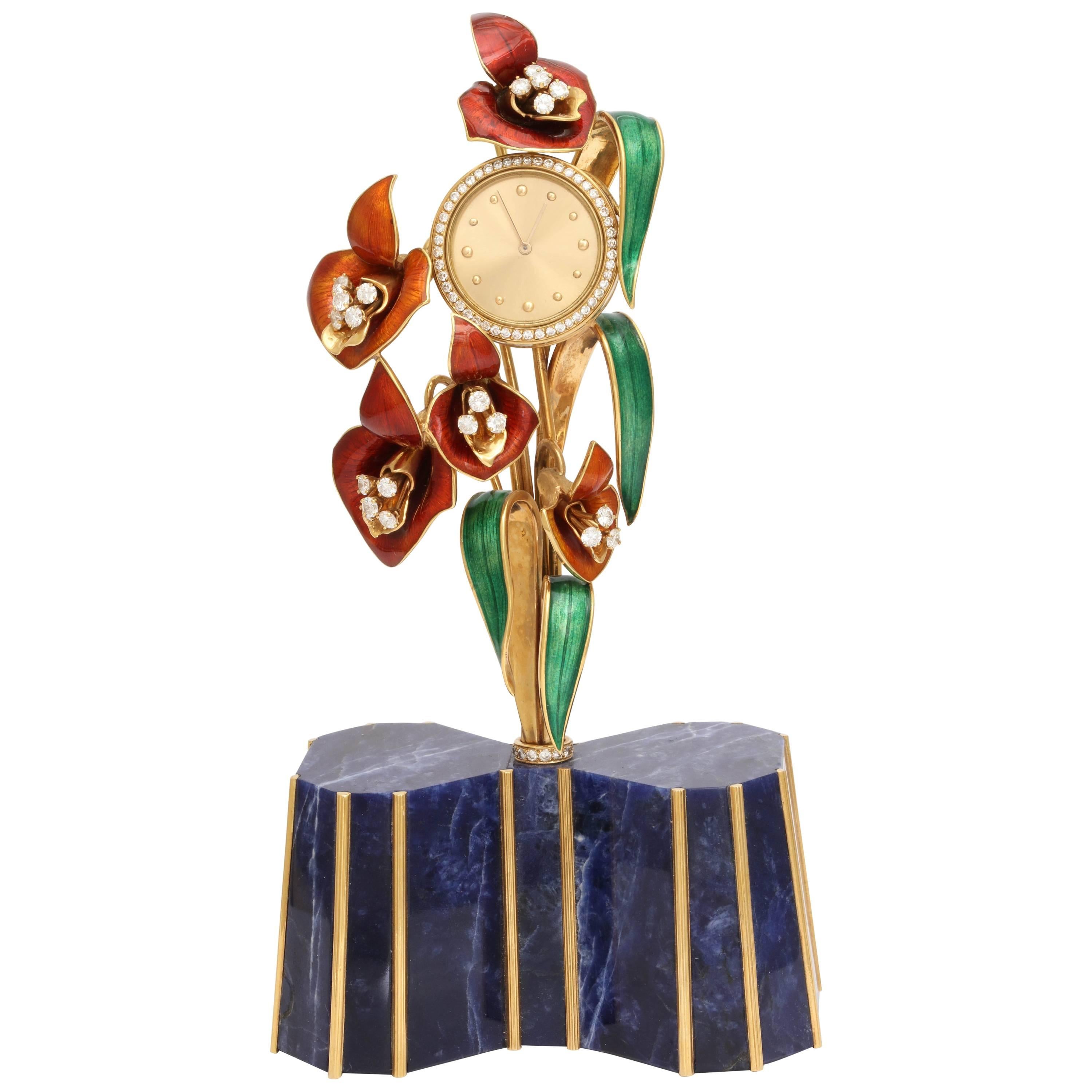 Miniature Lapis Enamel Diamond Gold Floral Clock For Sale
