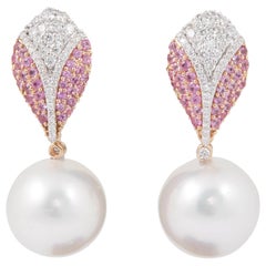 Pink Sapphire and White Diamond South Sea Pearl Dangle Earrings