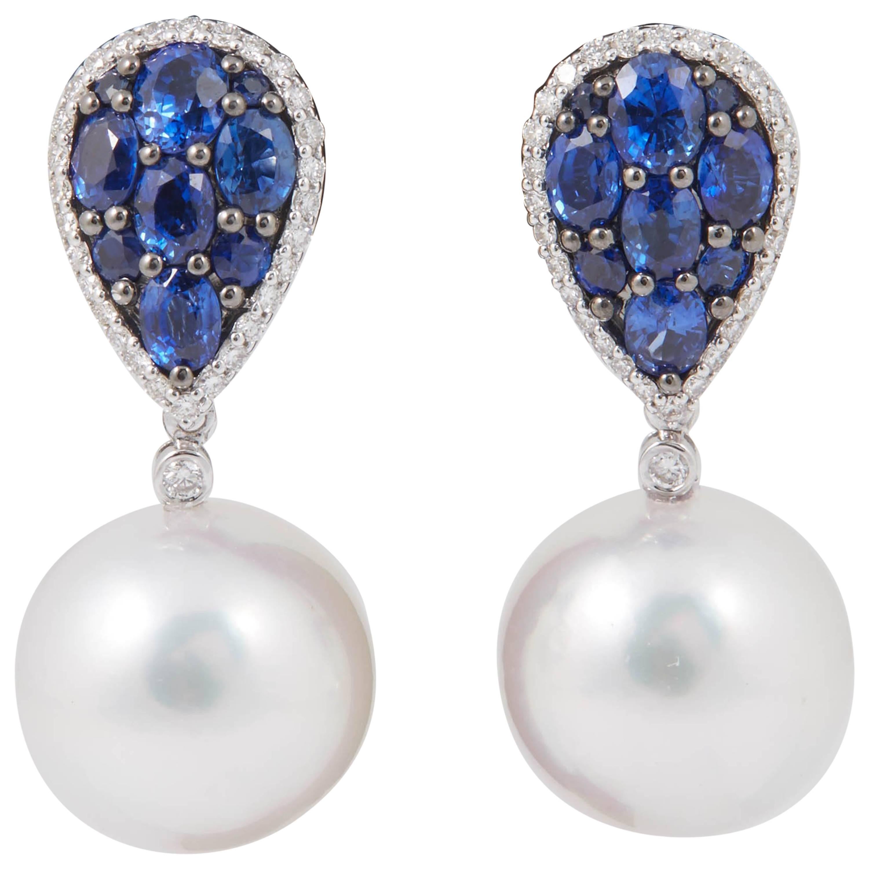 South Sea Pearl and Sapphire Cluster Dangle Earrings For Sale