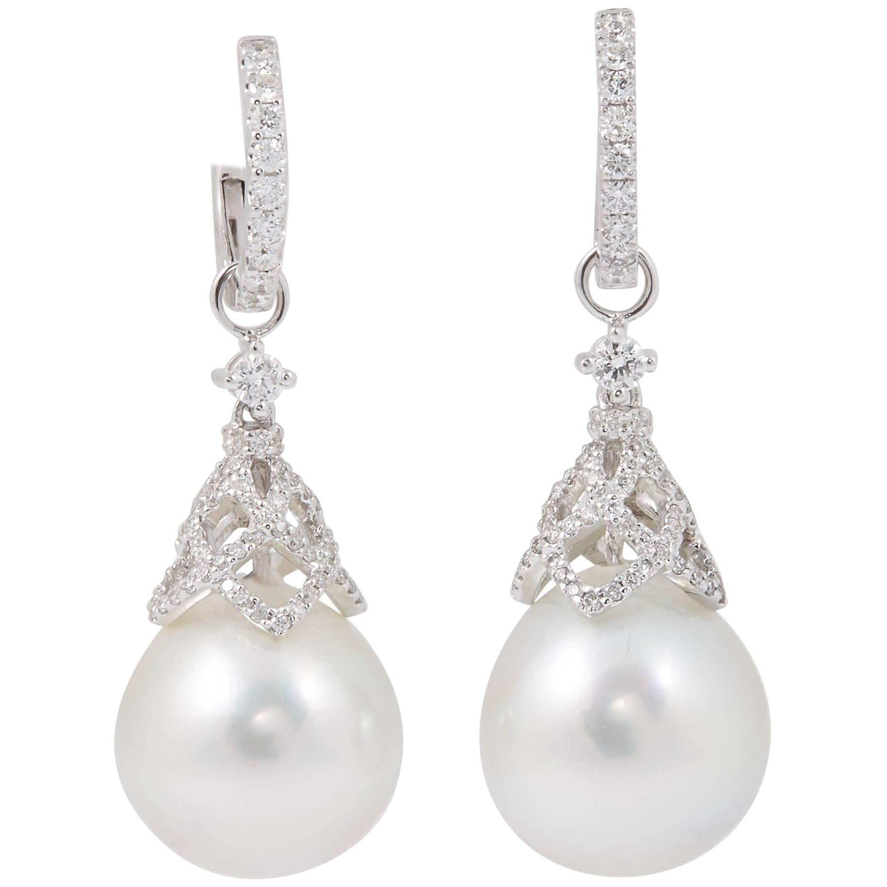 HARBOR D. South Sea Pearls Diamonds White Gold Hoop Dangle Bell Shape Earrings  For Sale