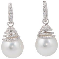 South Sea Pearl and Diamonds Spiral Bell Shape Dangle Huggies Earring