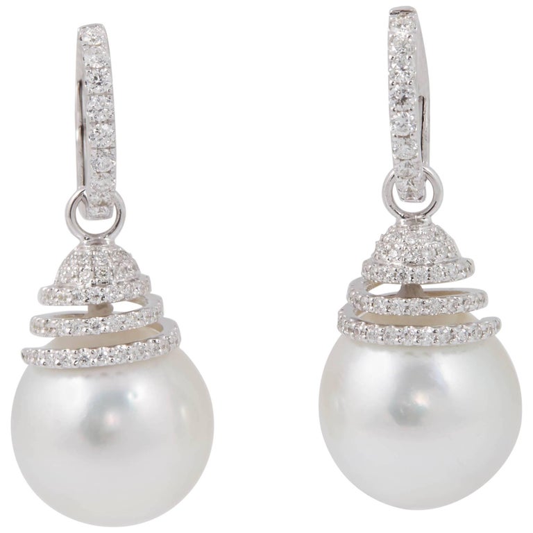 South Sea Pearl and Diamonds Spiral Bell Shape Dangle Huggies Earring ...