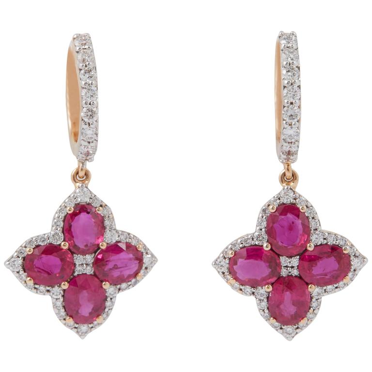 Ruby Diamond Rose Gold Dangle Earrings For Sale at 1stdibs