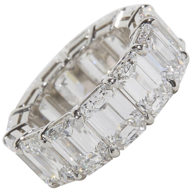 14 Carat Emerald Cut Diamond Platinum Eternity Band Ring For Sale at