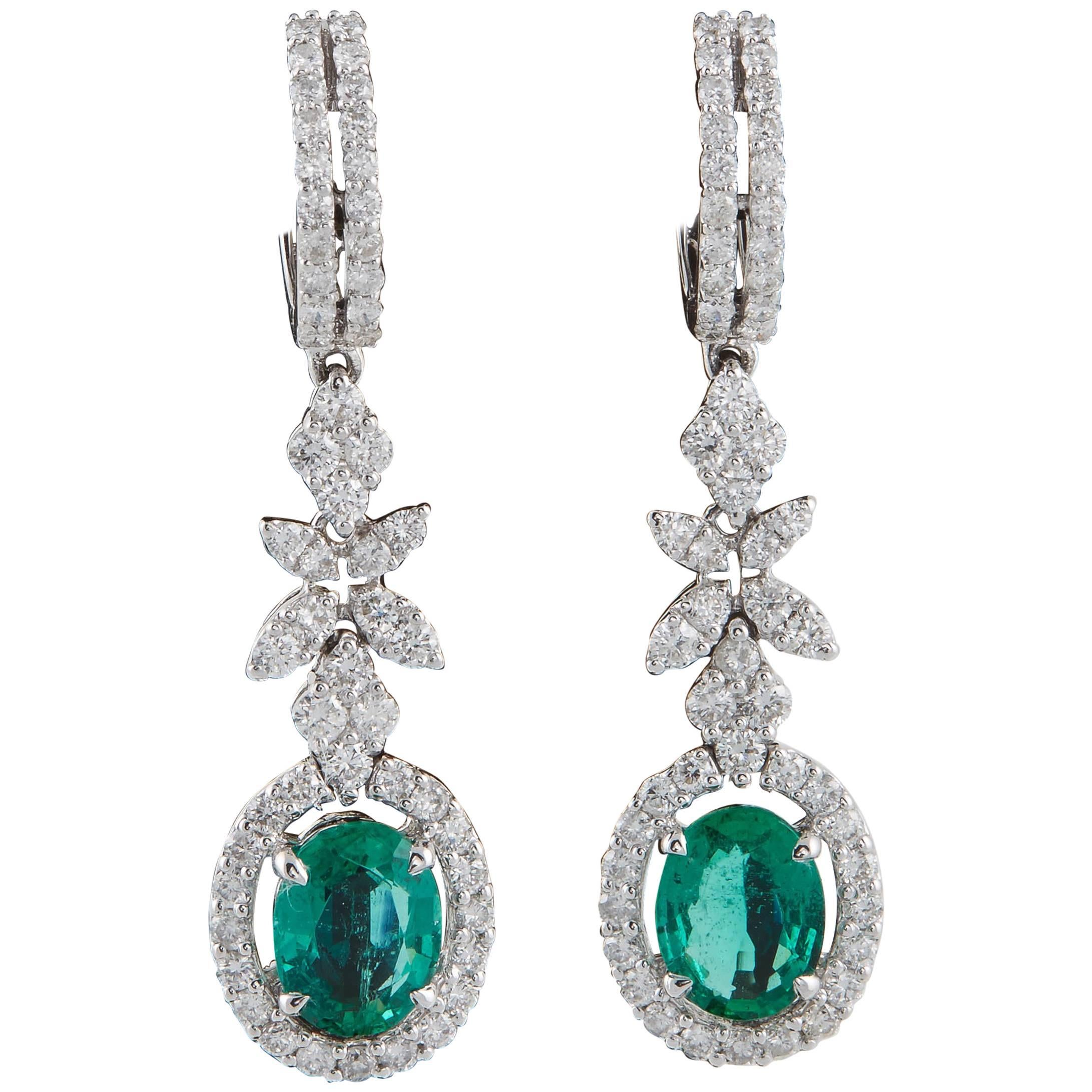 Green Emerald and Diamond Drop Earrings
