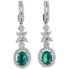 Green Emerald and Diamond Drop Earrings