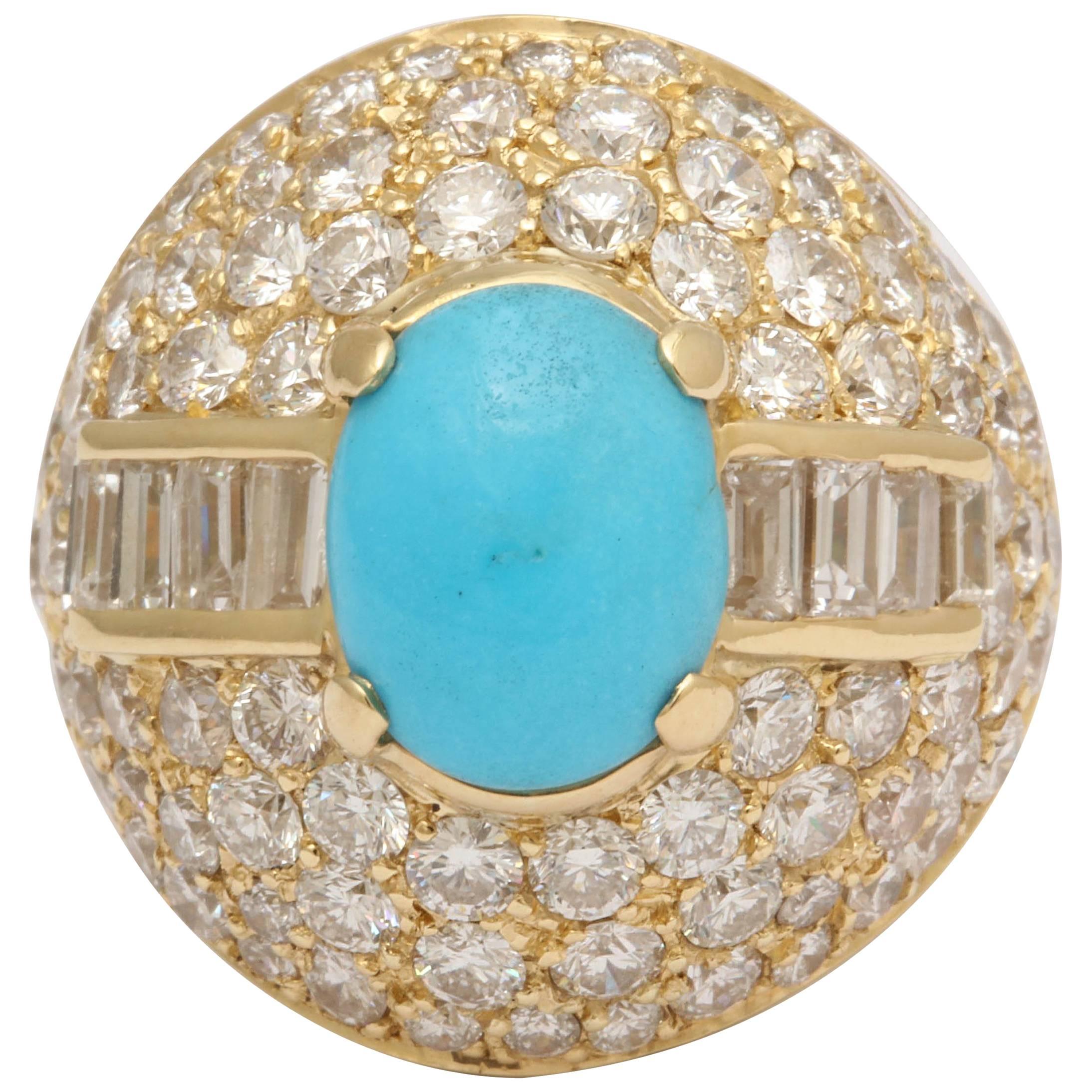 1980s Elegant Cabochon Turquoise Diamond Gold Large Cocktail Ring