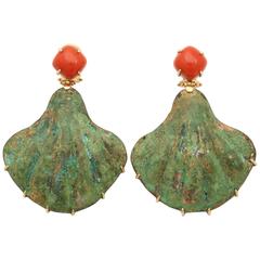 Vintage 1960s Spritzer and Furhmann Coral Fossilized Green Shell Gold Earrings