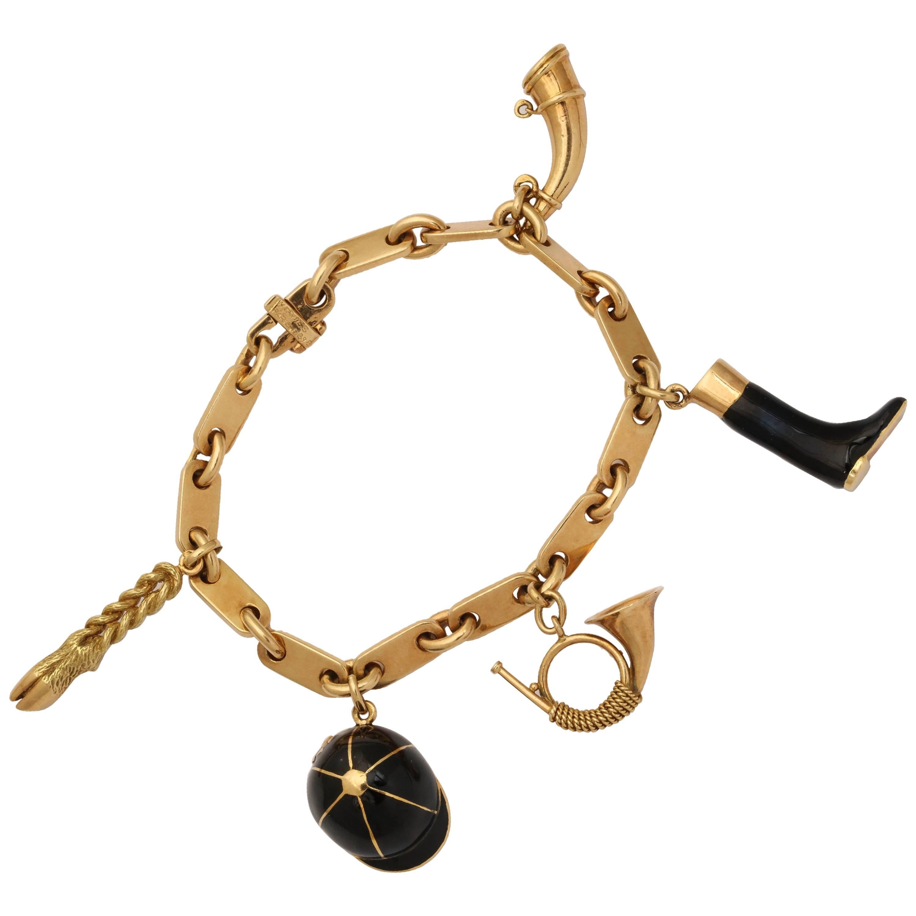 1950s Hermes Paris Equestrian Five-Charm Black Enamel Gold Bracelet