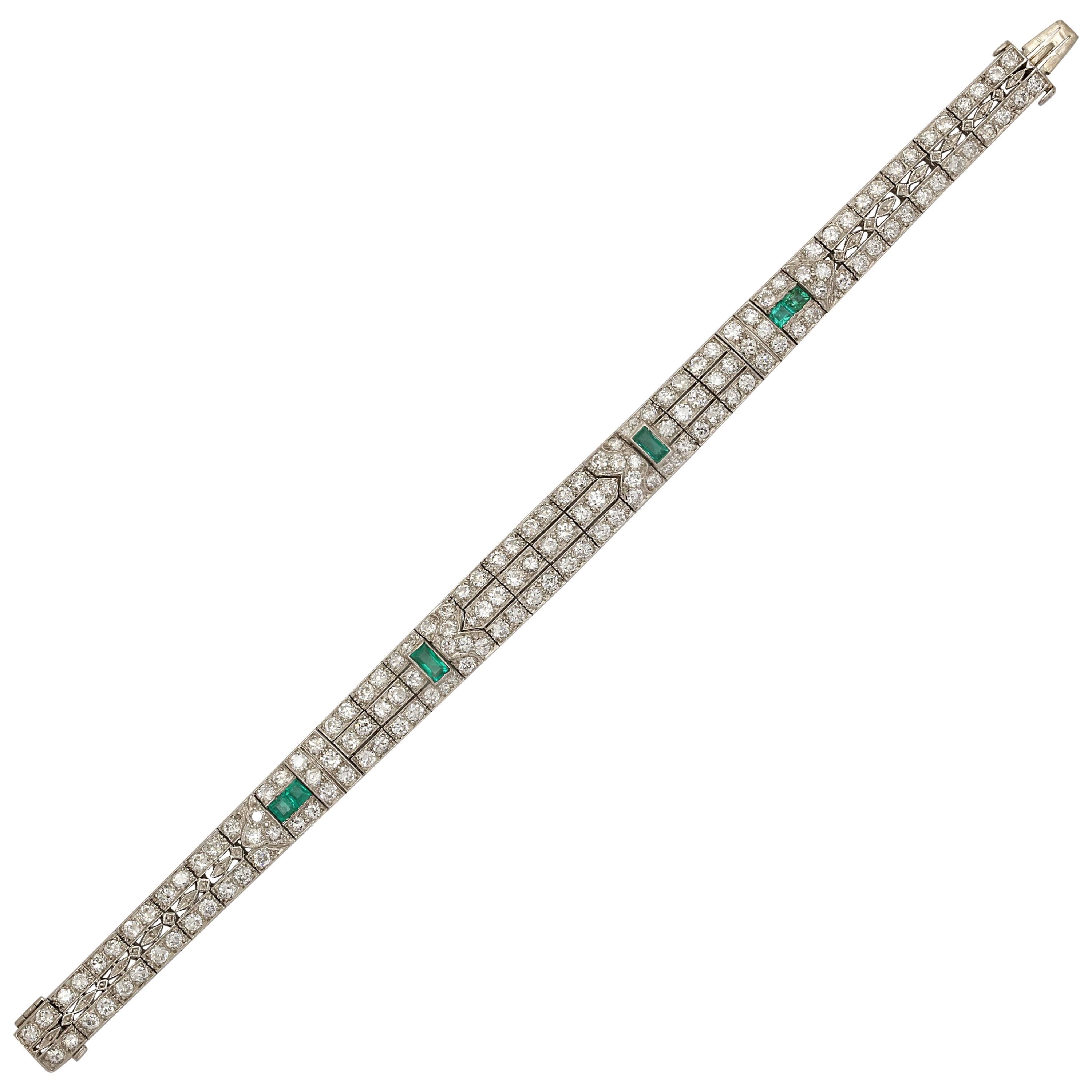 Art Deco Elegant Triple Straightline Diamond with Emeralds Platinum Bracelet