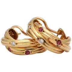 1990s Cartier Paris Triple Hoop Sapphire Ruby Diamond Gold Earrings