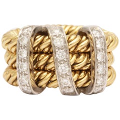 1990s Pomellato Triple Knotted Flexible Gold with Diamonds Ridged Band Ring