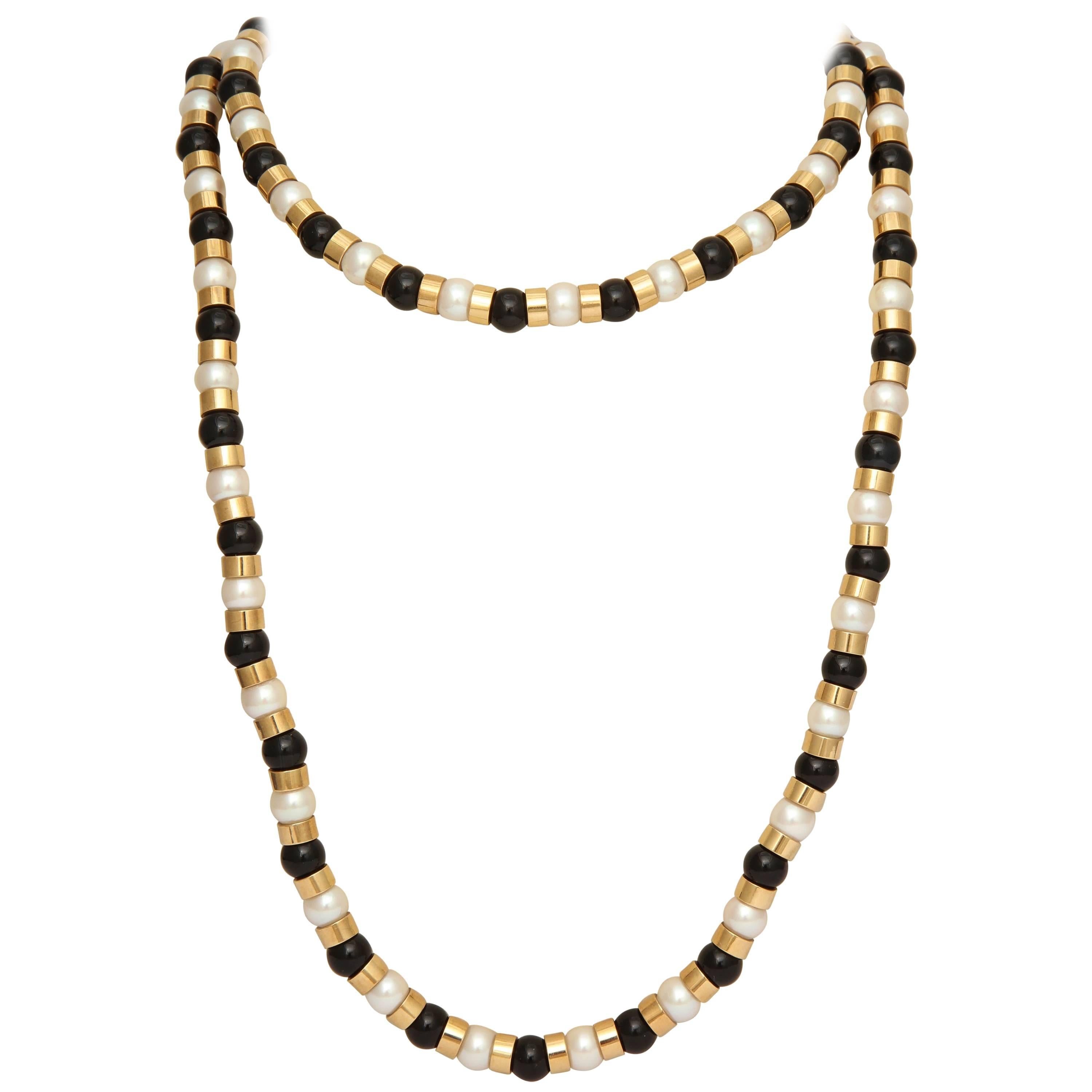 1990s Chanel Paris Long Onyx Pearl Gold Classic Colors Necklace