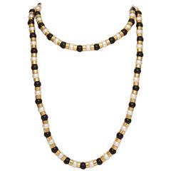 1990s Chanel Paris Long Onyx Pearl Gold Classic Colors Necklace 10