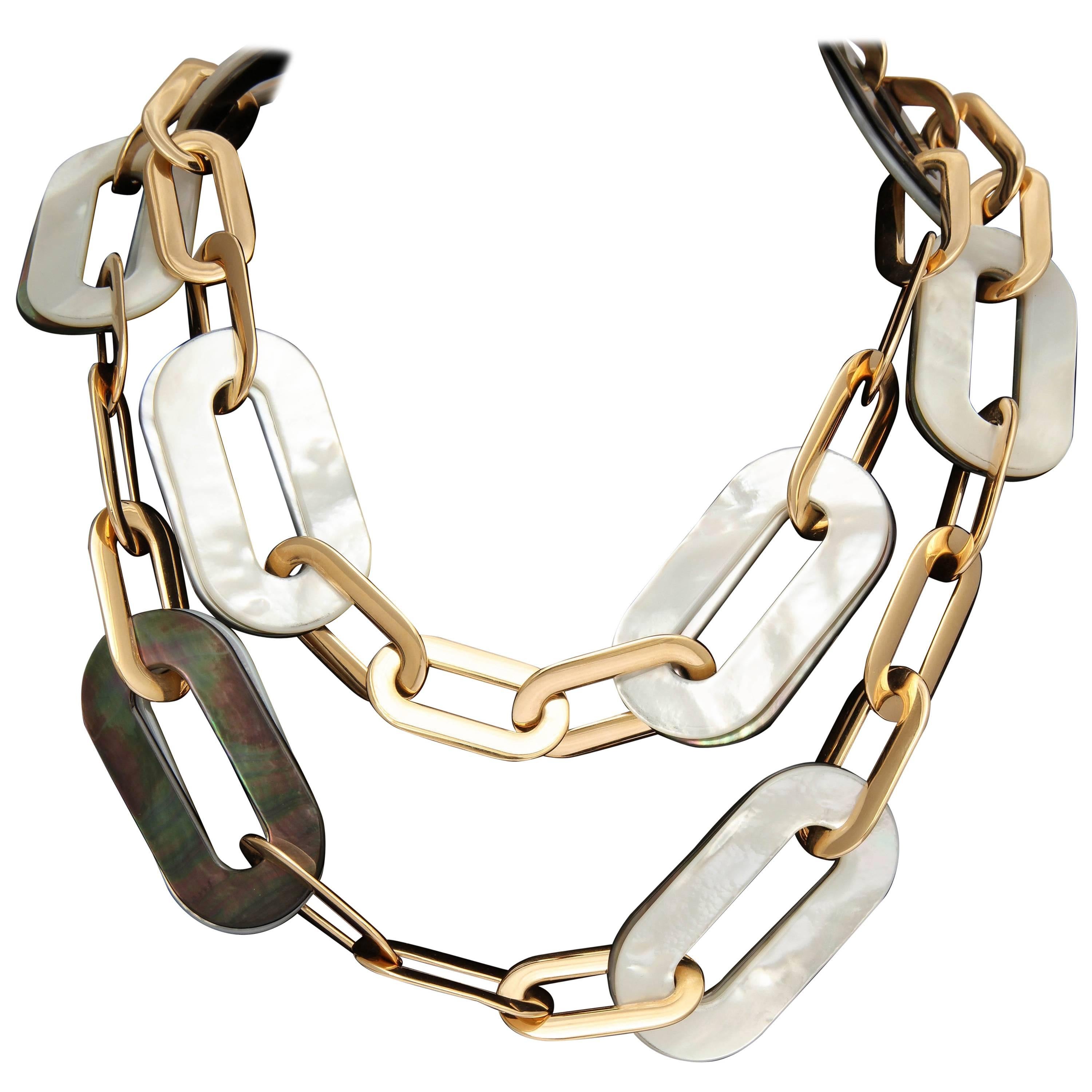 Vhernier Dark and White Mother-of-Pearl Oblong Shaped Gold Link Necklace