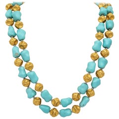 Vintage 1960s Nugget Shape Turquoises with Alternating Crater Design Gold Ball Chain