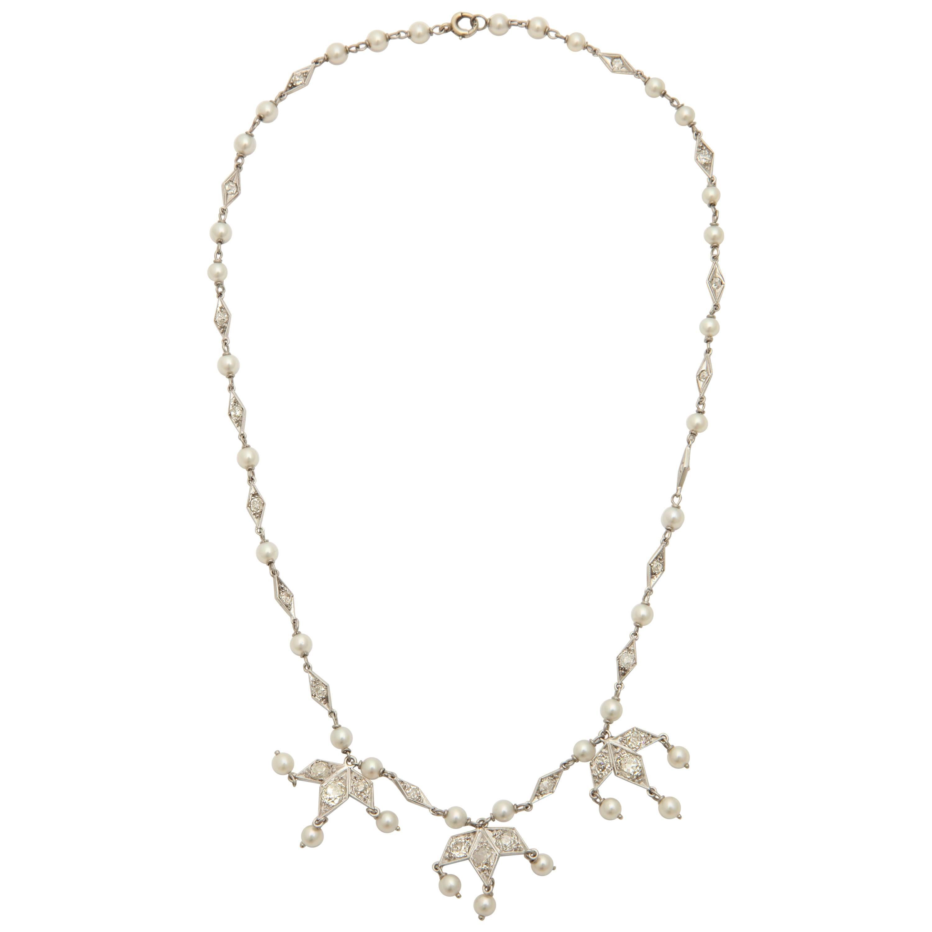 Art Deco Delicate Pearl Diamond Platinum Triple Pendant Necklace