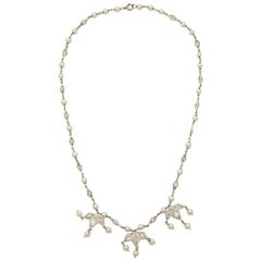 Art Deco Delicate Pearl Diamond Platinum Triple Pendant Necklace 1