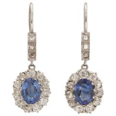 Art Deco Delicate Crown Set Sapphire Diamond Platinum Earrings